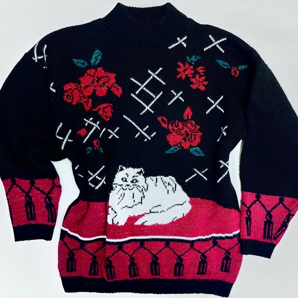 Vintage Cat Roses Sweater Mock Neck Knit Pullover Black Red & White Sparkly - Picture 1 of 6